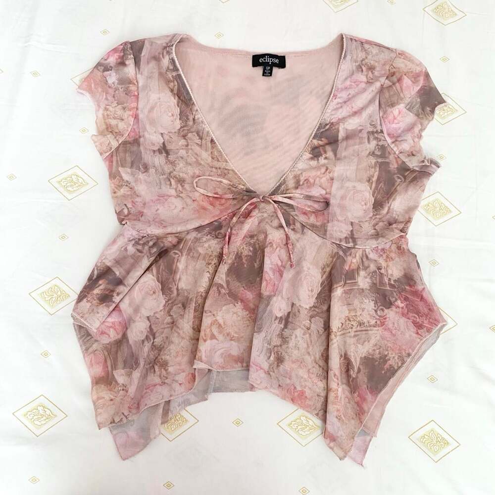 y2k pink floral fairycore top with bow, from eclipse - Picture 2 of 6